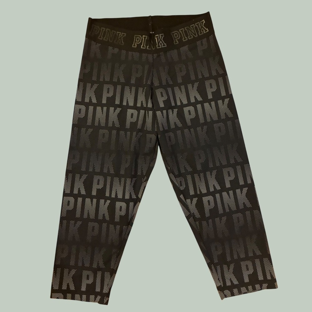 Pink‎ Victoria's Secret Ultimate Crop Leggings Black Grey Logo Print Small 0244
